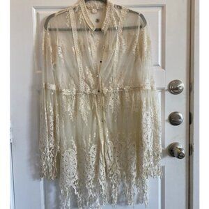 Boston Proper flared long sleeve lace cover up, button front sheer dress XS